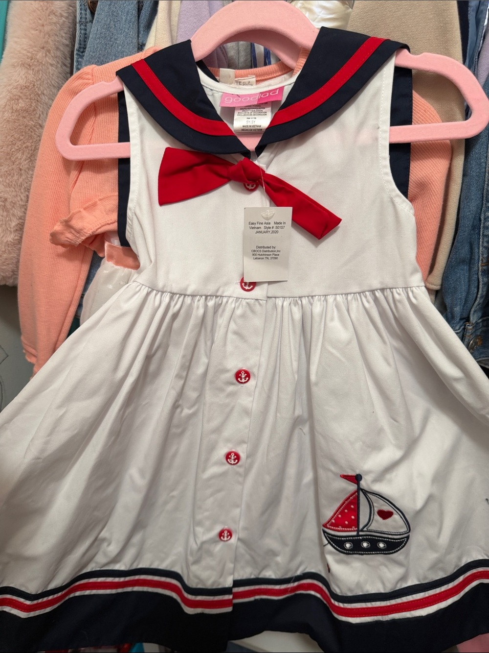 Good Lad White Sailor Dress with Navy Trim and Red Bow